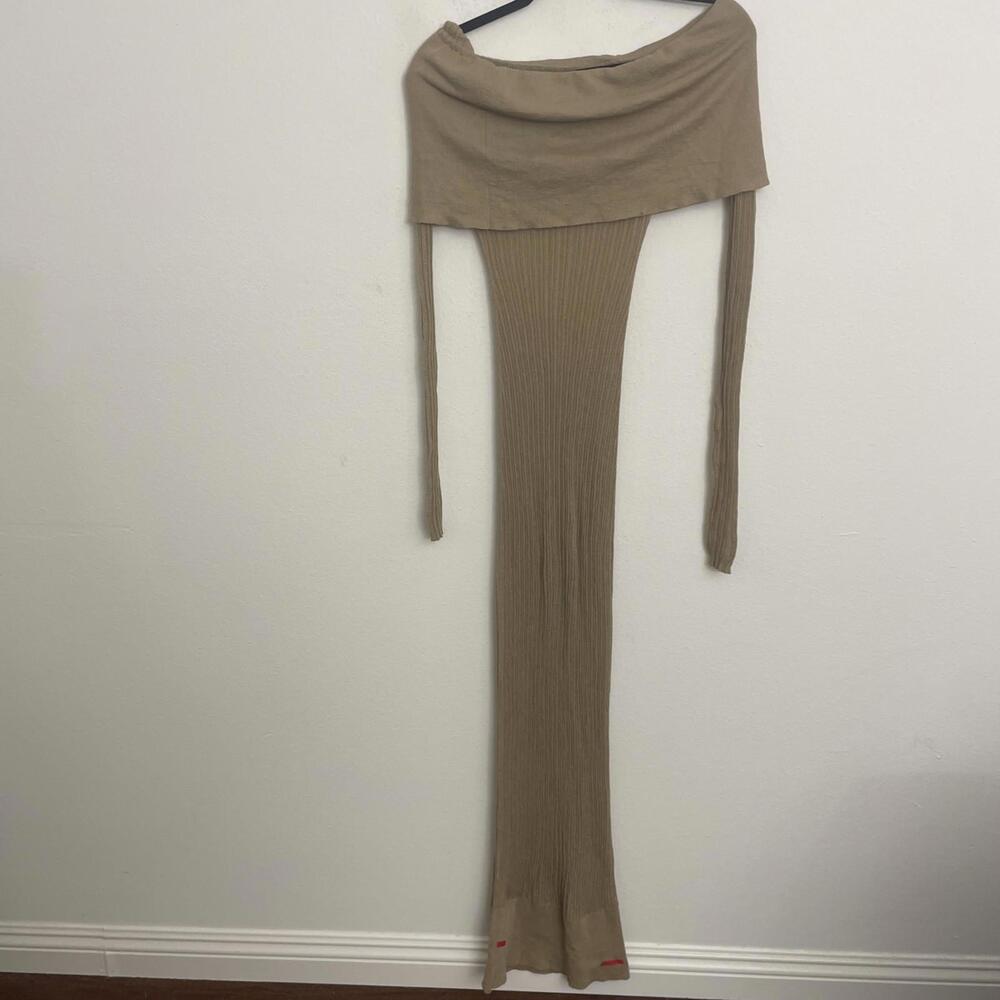 Helsa Justin Knit Off the Shoulder Sheer Long Sleeve Beige Maxi Dress S $258msrp - Picture 5 of 11